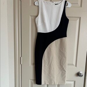 Vince Camuto Black, White, and Tan Midi Dress